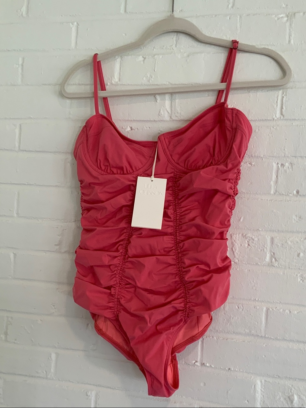 Ulla Johnson Bright Coral Ruched One-Piece Swimsuit